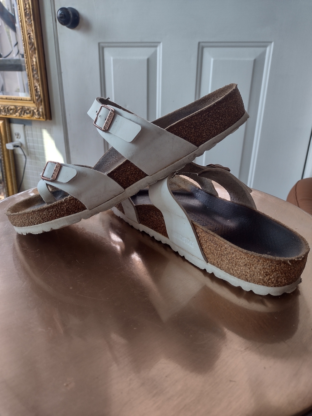 Birkenstock White Double-Buckle Cork Slide Sandals